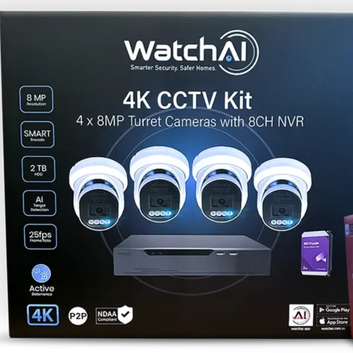 WatchAI 4 Cameras + 8 Channel NVR Kit, 2TB HDD Included